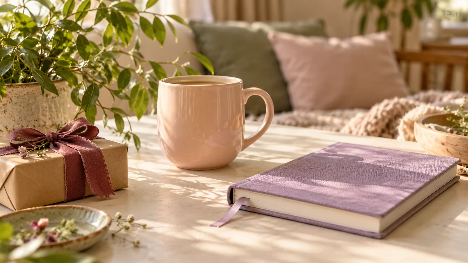 A ribbon-wrapped gift, ceramic mug, journal and plant in a sunlit home
